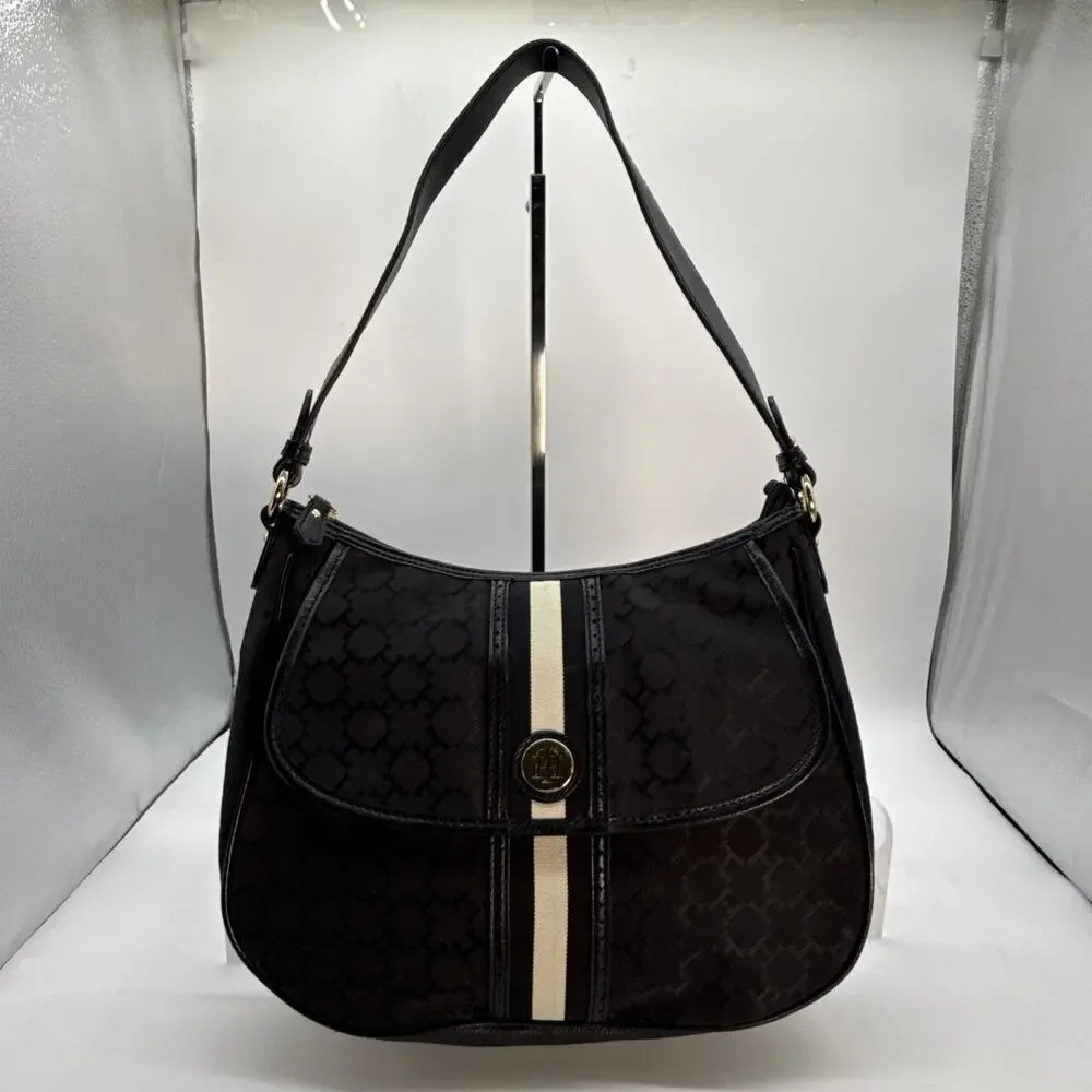 Tommy Hilfiger Black Shoulder Bag Gold Hardware Logo Stud Stripe Accent Snap Zip